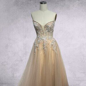 NFS A-Line Evening Dress w/ Boned Bodice & Floral Applique Embroidery AC 4062